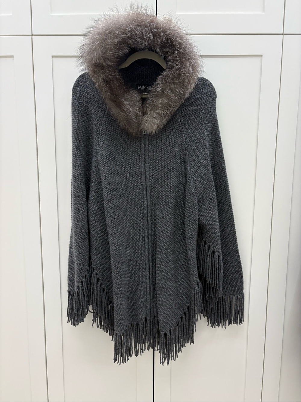 Charcoal Knit Hooded Cape with Faux Fur Trim